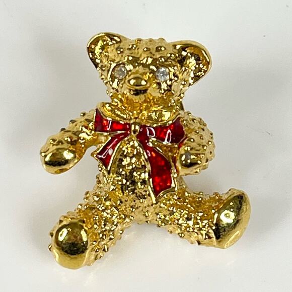 VTG Gold AVON Teddy Bear BROOCH Pin / Pendant 1" Bear Crystal Eyes Red Bow - Picture 6 of 6